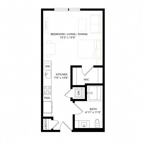 Floor plan for studio, 1 bath, 516 sqft